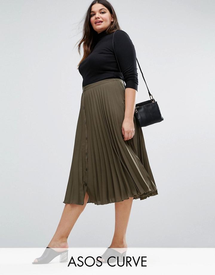 Asos Curve Button Through Pleated Midi Skirt - Green