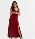 Little Mistress Petite Maxi Dress With Embellishment And Open Back Detail In Mulberry-red