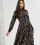 Glamorous Tall Midi Shirt Dress With Pleated Skirt In Bird Floral