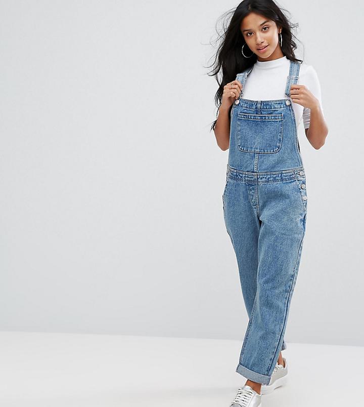 Asos Petite Denim Overall In Midwash Blue - Blue