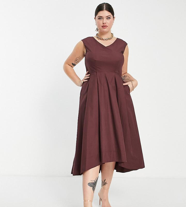 Closet London Plus High Low Woven Midaxi Dress In Chocolate Brown