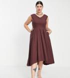 Closet London Plus High Low Woven Midaxi Dress In Chocolate Brown