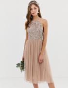 Maya Bridesmaid Halter Neck Midi Tulle Dress With Tonal Delicate Sequins In Taupe Blush - Brown
