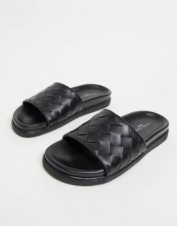Silver Street Woven Slides In Black Leather