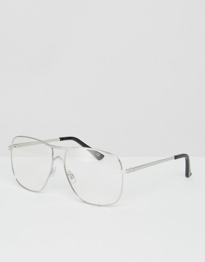 Asos Geeky Metal Aviator Clear Lens Silver Glasses - Silver