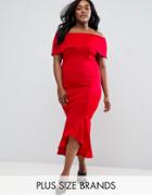 Club L Plus Bardot Dress With Peplum Hem - Red