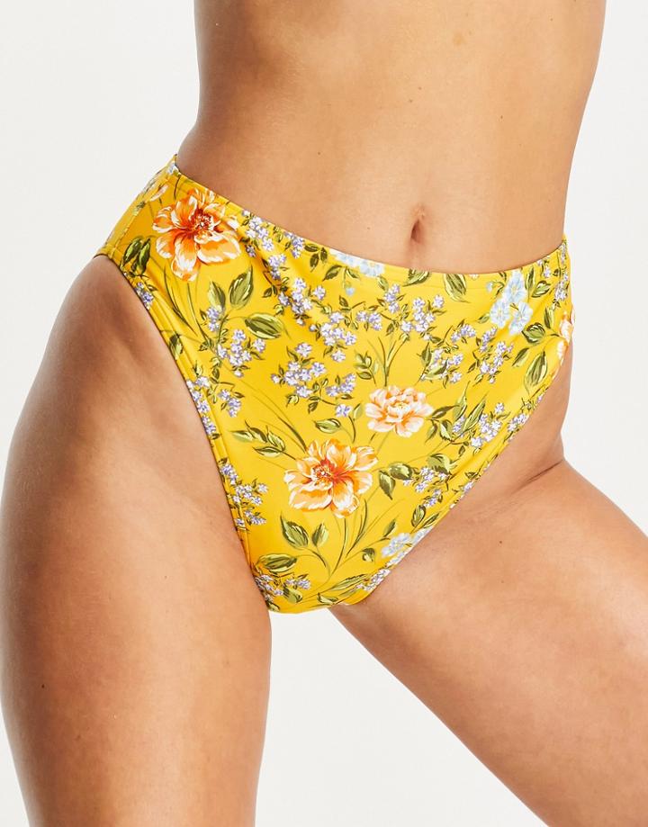 Figleaves Briony High Waist Tummy Control Bikini Bottoms In Yellow Floral