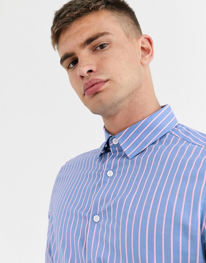 Asos Design Skinny Fit Stripe Shirt In Blue & Pink