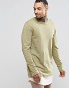 Asos Super Longline Long Sleeve T-shirt With Double Layer Curve Hem In Khaki