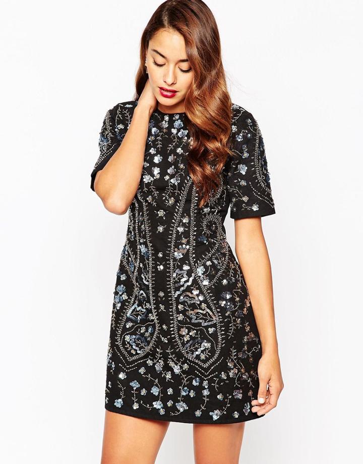 Asos All Over Embellished Shift Dress - Black