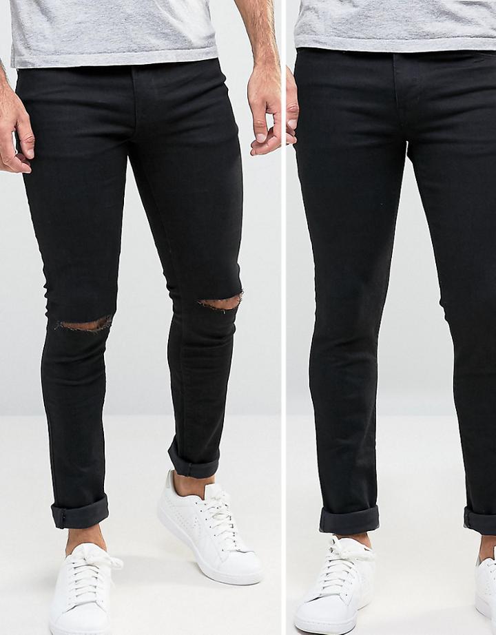 Asos Super Skinny Jeans 2 Pack In Black & Black With Knee Rips Save - Black