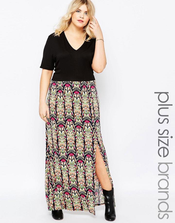 Club L Plus Maxi Dress With V Neck And Geo Printed Skirt - Geo Print