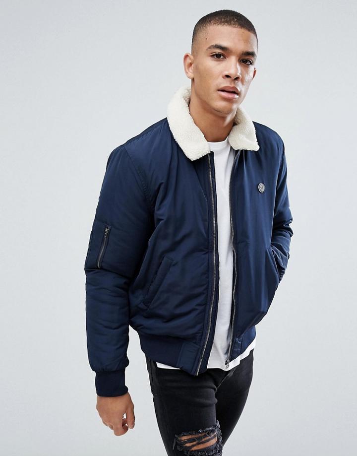 Le Breve Aviator Jacket With Fleece Collar-navy