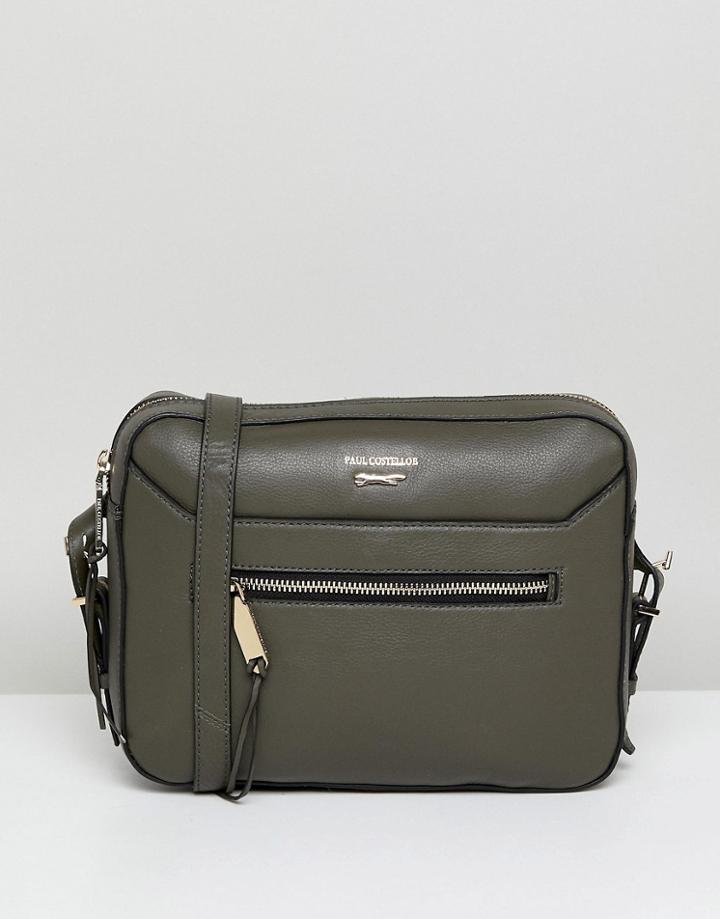 Paul Costelloe Real Leather Cross Body Bag With Zip Pocket - Green
