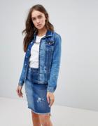 Pepe Jeans Patches Raw Hem Denim Jacket - Blue