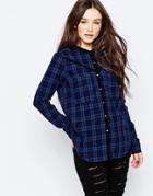 Blank Nyc Blue Plaid Flannel Shirt - Form Fittinng