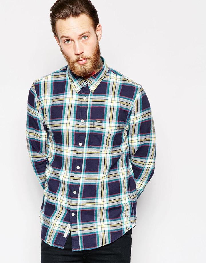 Lee Shirt Button Down Slub Twill Check In Navy - Navy Darkness