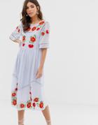 Asos Design Embroidered Smock Midi Dress With Ladder Trims-multi