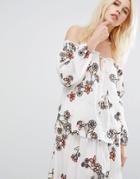 J.o.a Off Shoulder Top With Floral Embroidery Co-ord - White