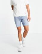 Topman Slim Denim Shorts In Mid Wash-blues