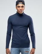 Asos Extreme Muscle Long Sleeve T-shirt With Roll Neck In Navy - Navy