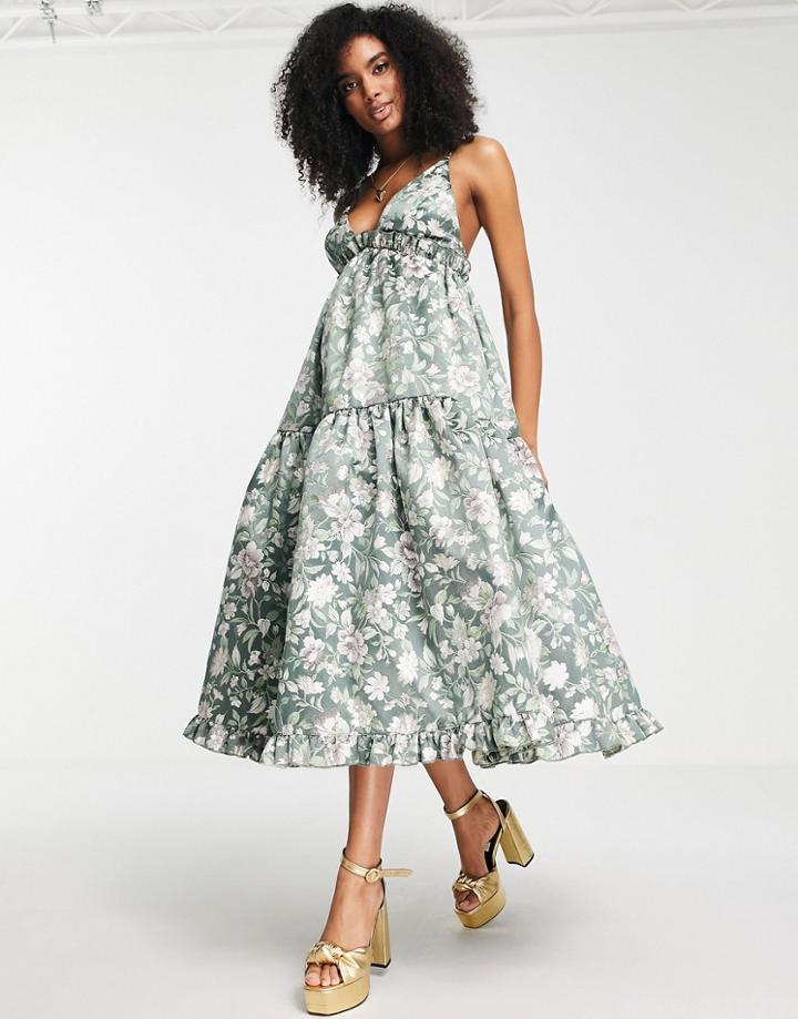Asos Edition Tiered Cami Midi Dress In Floral Jacquard-multi