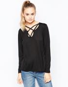Daisy Street Lace Up Front Long Sleeve Top - Black