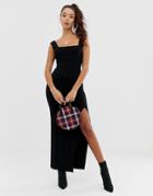 Asos Design Square Neck Mixed Fabric Maxi Dress With Split - Black