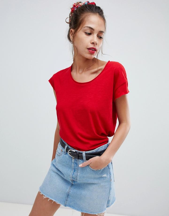 Pull & Bear Roll Edge Crew Neck T Shirt - Red