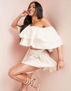 Asos Luxe Cotton One Shoulder Ruffle Crop Top In Stone - Part Of A Set-neutral