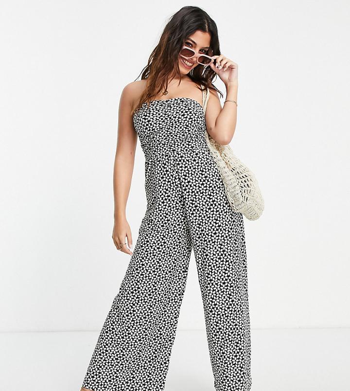 Miss Selfridge Petite Ruched Bandeau Jumpsuit In Mono Daisy-black