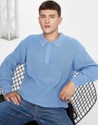 Topman Oversized Long Sleeve Knit Polo In Blue-blues