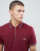 Fred Perry Zip Neck Pique Polo In Burgundy - Red