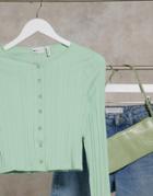 Asos Design Top In Rib With Buttons In Sage-green