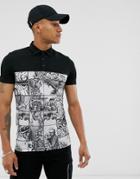 Asos Design Skinny Fit Polo With Contrast Print Panel-black