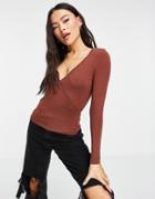 Asos Design Long Sleeve Wrap Top In Brown