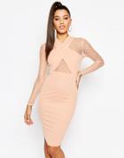 Naanaa Midi Dress With Wrap Front And Mesh Sleeves - Beige