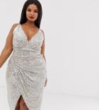 Tfnc Plus Wrap Front Sequin Maxi Dress In Silver - Silver