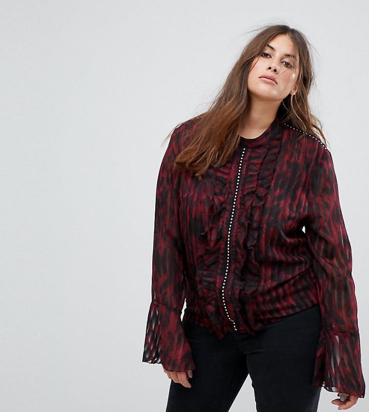 Religion Plus Sheer High Neck Shirt With Hardware Trim - Red