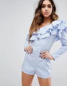 Prettylittlething Frill Detail Off The Shoulder Romper - Blue