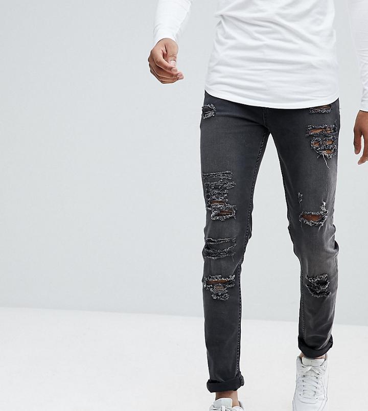 Asos Tall Skinny Jeans In 12.5oz With Mega Rips In Washed Black - Black