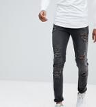 Asos Tall Skinny Jeans In 12.5oz With Mega Rips In Washed Black - Black