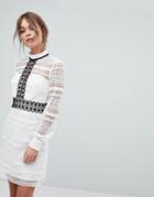 Chi Chi London Lace Mini Dress With Contrast Stitching And Cut Out Back - White