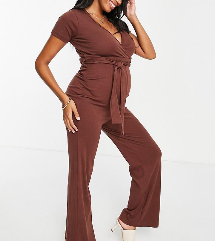 Missguided Maternity Ribbed Wrap Belted Jumpsuit In Chocolate-brown