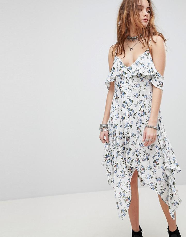 Kiss The Sky Cold Shoulder Midi Tea Dress In Floral Print - Blue