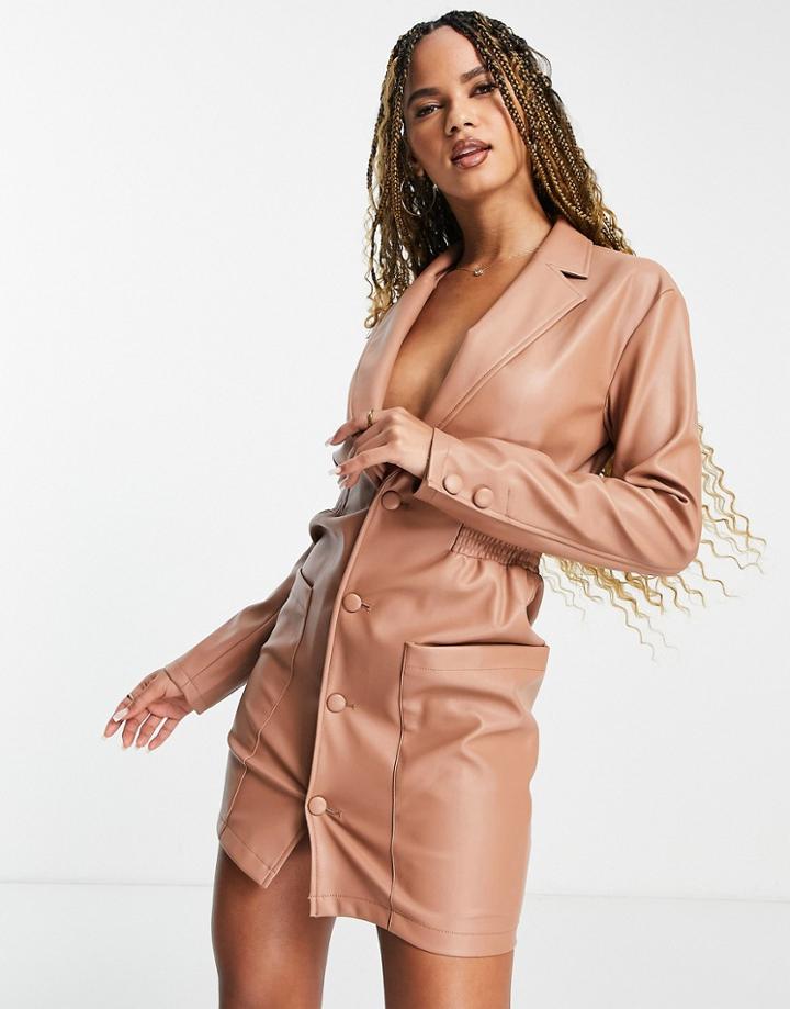 Asos Design Leather Look Mini Blazer Dress With Oversized Pockets In Tan-brown