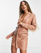 Asos Design Leather Look Mini Blazer Dress With Oversized Pockets In Tan-brown