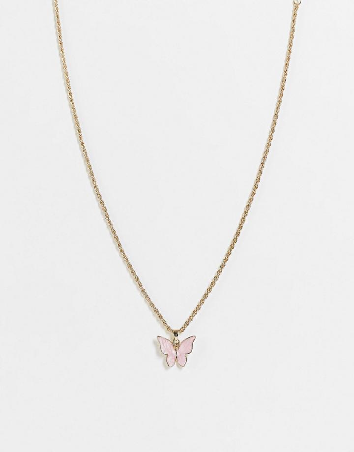 Topshop Pink Butterfly Pendant Necklace In Gold