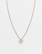 Topshop Pink Butterfly Pendant Necklace In Gold