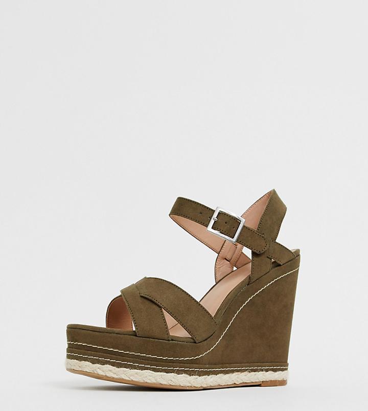 New Look Faux Suede Cross Strap Wedges In Dark Khaki-green